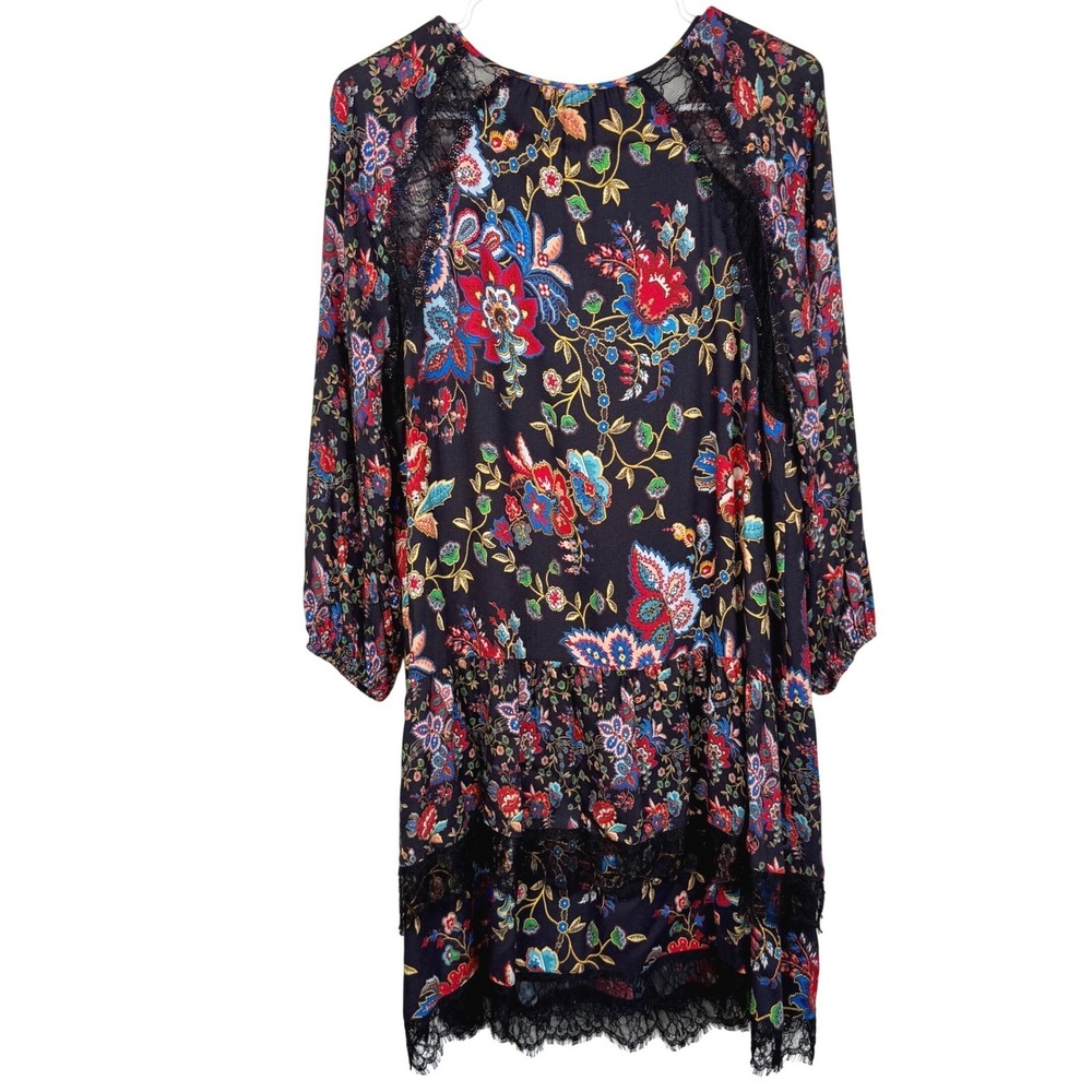 Alice + Olivia Lakita Floral Lace Trim Boho Dress Black Multicolor Tiered Large - Picture 6 of 16